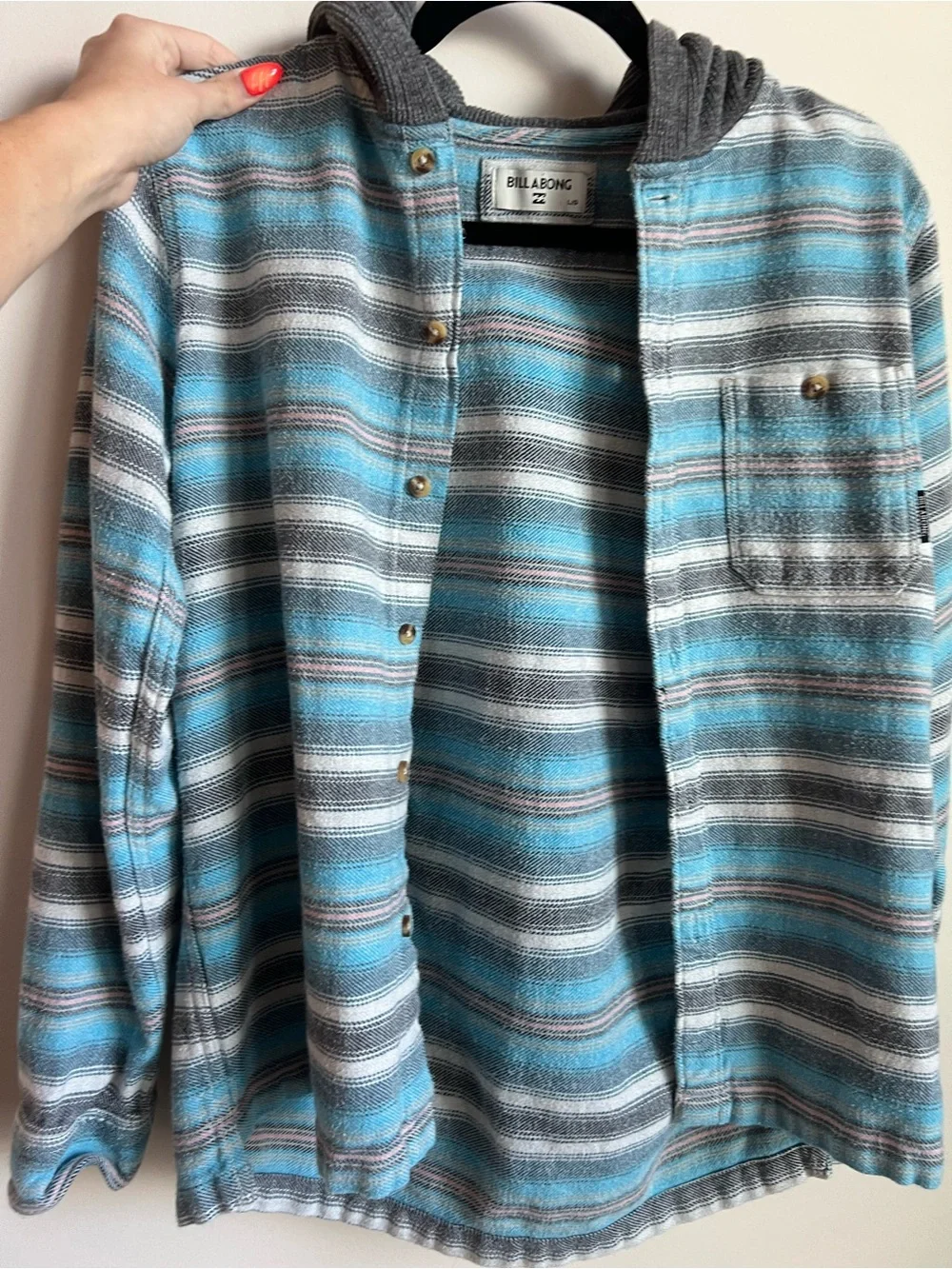 Billabong striped cotton hooded baja flannel Teal, cream, Gray, salmon